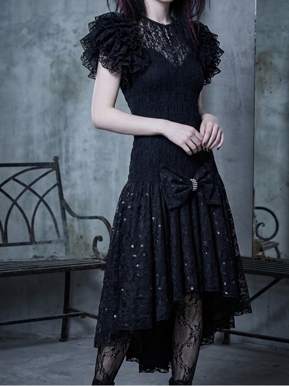 Vintage 1980s Romantic Goth Lace Dress Black Ruffle Party Prom XS